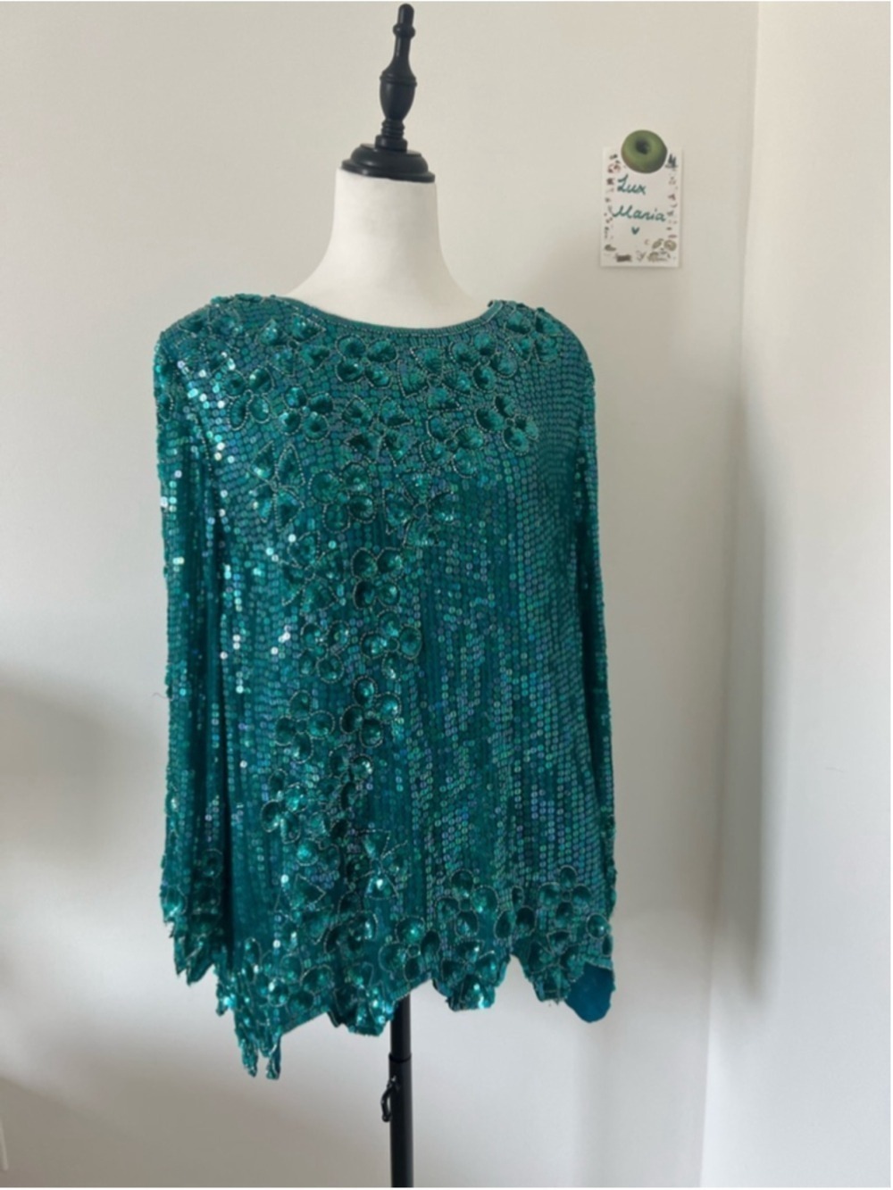 Vintage Edna’s Fashions Teal Sequin Floral Beaded Embellished Top / Tunic M/L